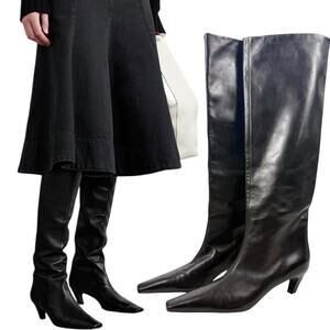 New Khaite Davis Knee High Calf Leather Heeled Boots Black Size 41